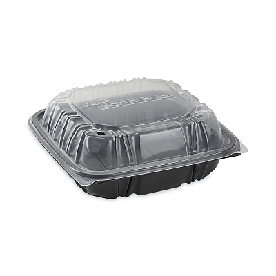 Pactiv Evergreen EarthChoice Vented Dual Color Microwavable Hinged Lid Container, 1-Compartment, 38oz, 8.5x8.5x3, Black/Clear, Plastic, 150/CT (PCTDC858100B000)