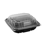 Pactiv Evergreen EarthChoice Vented Dual Color Microwavable Hinged Lid Container, 3-Compartment, 21oz, 8.5x8.5x3, Black/Clear, Plastic, 150/CT (PCTDC858310B000)
