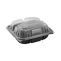 Pactiv Evergreen EarthChoice Vented Dual Color Microwavable Hinged Lid Container, 33oz, 8.5x8.5x3, 3-Compartment, Black/Clear, Plastic, 150/CT (PCTDC858330B000)
