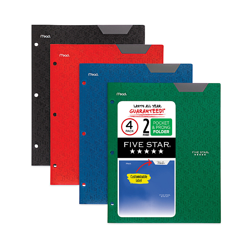 Five Star Two-Pocket Stay-Put Plastic Folder, 11 x 8.5, Assorted, 4/Pack (MEA38049)