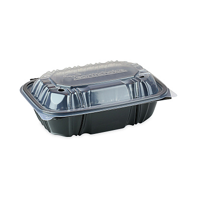 Pactiv Evergreen EarthChoice Vented Dual Color Microwavable Hinged Lid Container, 34oz, 9 x 6 x 3, 1-Compartment, Black/Clear, Plastic, 140/CT (PCTDC961000B000)