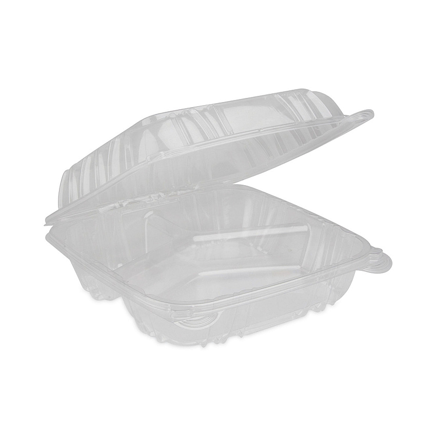 Pactiv Evergreen SENSATION SmartLock Hinged Lid Container, 3-Compartment, 8.24 x 8.34 x 3.05, Clear, Plastic, 200/Carton (PCTYCI821230000)