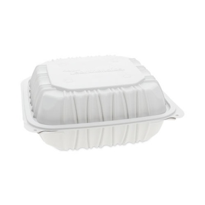 Pactiv Evergreen EarthChoice Vented Microwavable MFPP Hinged Lid Container, 8.5 x 8.5 x 3.1, White, Plastic, 146/Carton (YCNW0851)
