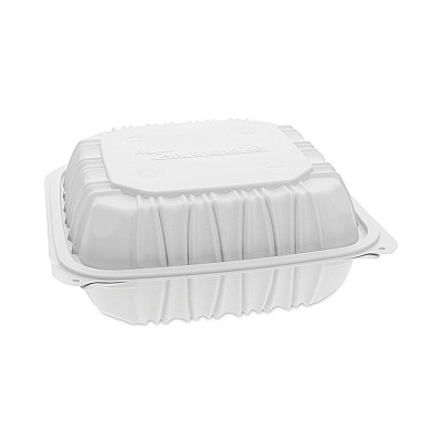 Pactiv Evergreen EarthChoice Vented Microwavable MFPP Hinged Lid Container, 3-Compartment, 8.5 x 8.5 x 3.1, White, Plastic, 146/Carton (PCTYCNW0853)