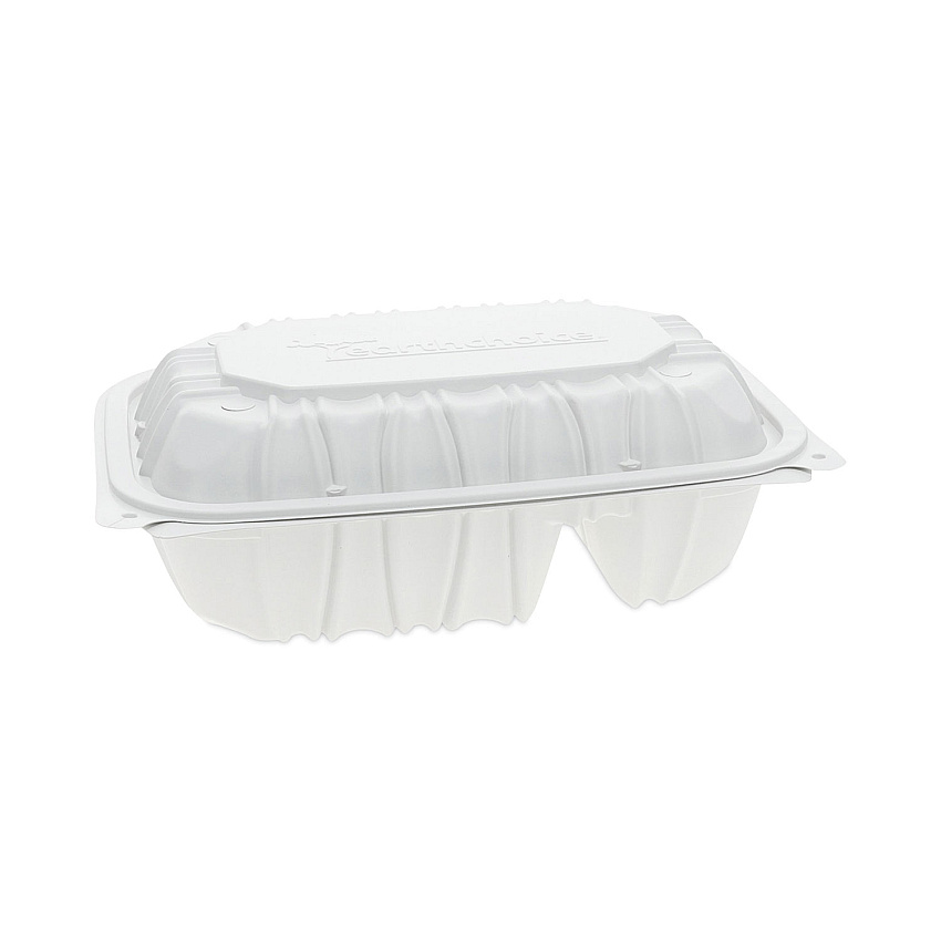Pactiv Evergreen EarthChoice Vented Microwavable MFPP Hinged Lid Container, 2-Compartment, 9 x 6 x 3.1, White, Plastic, 170/Carton (PCTYCNW02052)