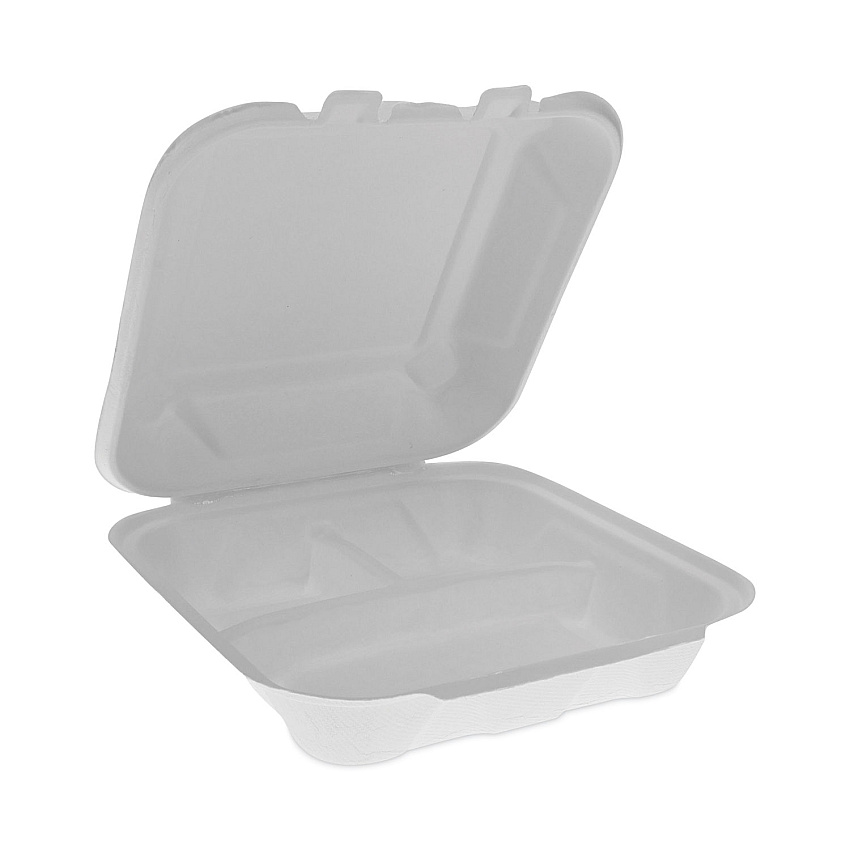Pactiv Evergreen EarthChoice Bagasse Hinged Lid Container, 3-Compartment, Dual Tab Lock, 7.8 x 7.8 x 2.8, Natural, Sugarcane, 150/Carton (PCTYMCH08030001)