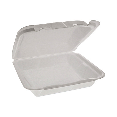 Pactiv Evergreen Foam Hinged Lid Container, Dual Tab Lock Happy Face, 8 x 7.75 x 2.25, White, 200/Carton (PCTYHD18SS00200)