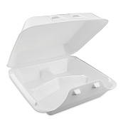 Pactiv Evergreen SmartLock Foam Hinged Lid Container, Large, 3-Compartment, 9 x 9.25 x 3.25, White, 150/Carton (PCTYHLW09030000)