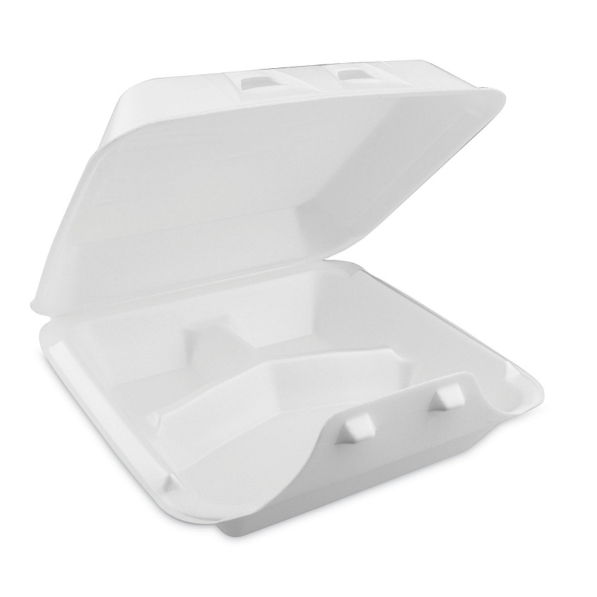 Pactiv Evergreen SmartLock Foam Hinged Lid Container, Large, 3-Compartment, 9 x 9.25 x 3.25, White, 150/Carton (PCTYHLW09030000)