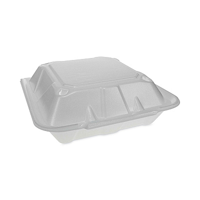 Pactiv Evergreen Vented Foam Hinged Lid Container, Dual Tab Lock Economy, 3-Compartment, 9.13 x 9 x 3.25, White, 150/Carton (PCTYTD19903ECON)