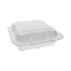 Pactiv Evergreen Vented Foam Hinged Lid Container, Dual Tab Lock, 8.42 x 8.15 x 3, White, 150/Carton (PCTYTD188010000)