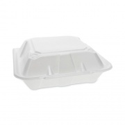 Pactiv Evergreen Vented Foam Hinged Lid Container, Dual Tab Lock, 3-Compartment, 9.13 x 9 x 3.25, White, 150/Carton (YTD199030000)