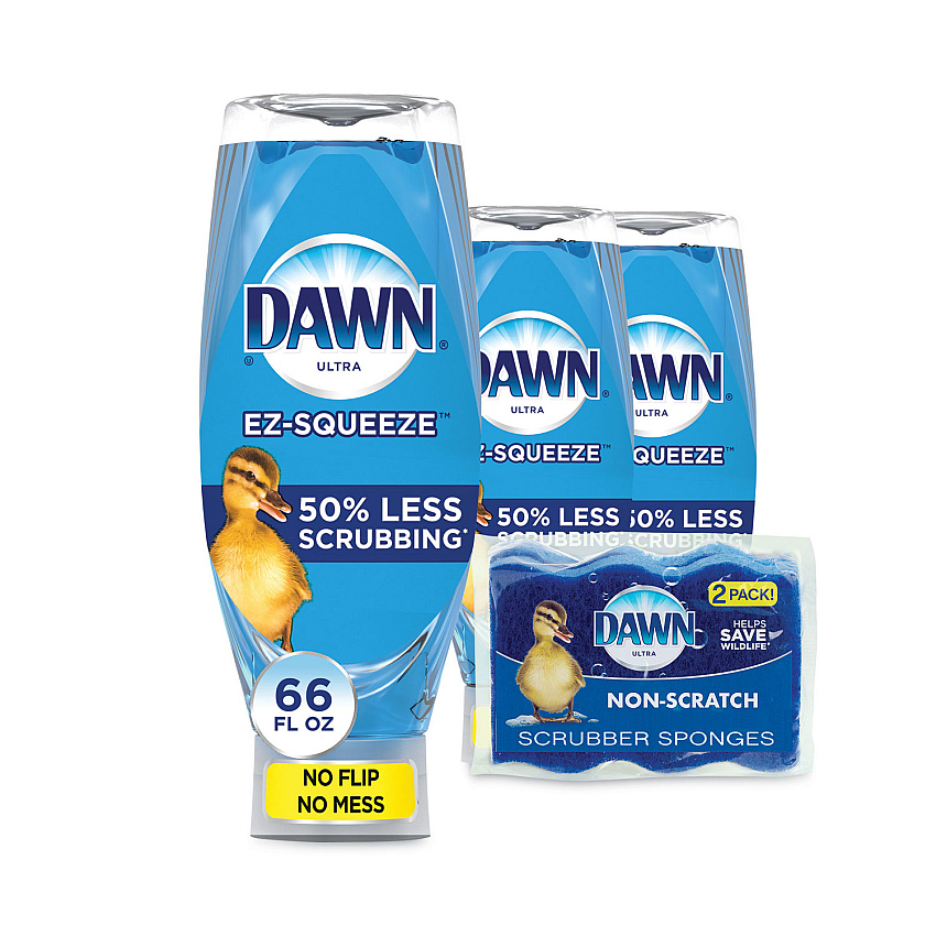 Ultra Liquid Dish Detergent, Dawn Original, Three 22 oz E-Z Squeeze Bottles and 2 Sponges/Pack, 6 Packs/Carton (PGC02367)
