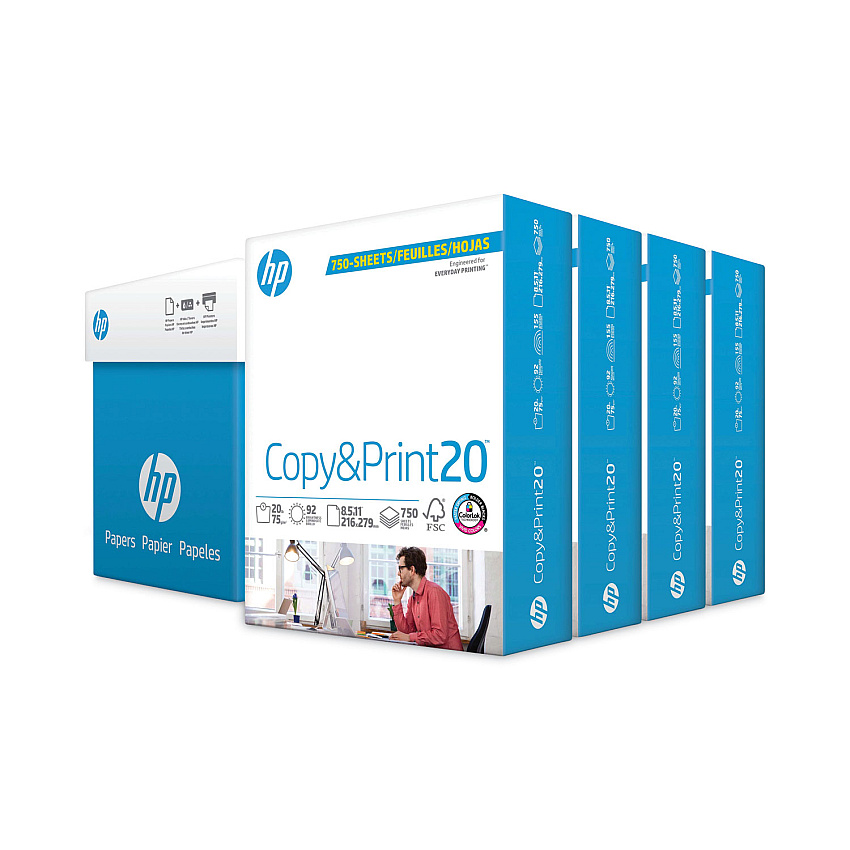 HP CopyandPrint20 Paper, 92 Bright, 20 lb Bond Weight, 8.5 x 11, White, 750 Sheets/Ream, 4 Reams/Carton (HEW200030)