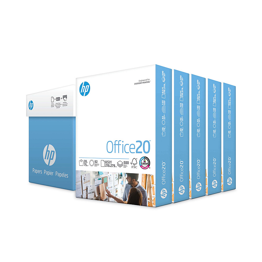 HP Office20 Paper, 92 Bright, 20 lb Bond Weight, 8.5 x 11, White, 500 Sheets/Ream, 5 Reams/Carton (HEW172160)