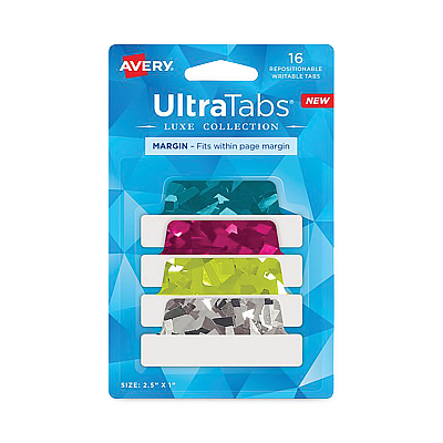 Avery Ultra Tabs Luxe Collection Repositionable Tabs, 1/5-Cut, Assorted Jewel Prism Colors, 2.5" Wide, 16/Pack (AVE74147)