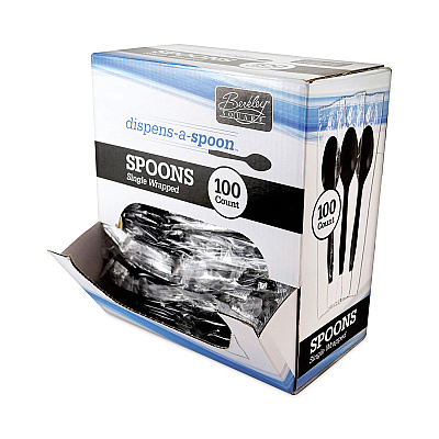 Berkley Square Dispens-a Spoon, Individually Wrapped, Mediumweight, Teaspoons, Black, 100/Box (BSQBEP90206)