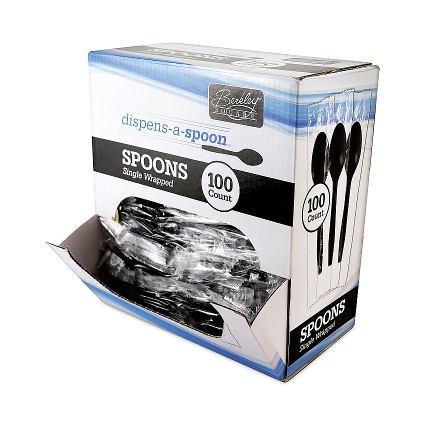 Berkley Square Dispens-a Spoon, Individually Wrapped, Mediumweight, Teaspoons, Black, 100/Box (BSQBEP90206)