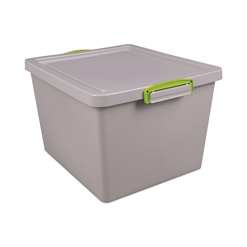 Really Useful Box 35.4 Qt. Latch Lid Storage Tote, 14.76" x 12.6" x 10.43", Dove Gray/Green (RUA335RECYGREY)