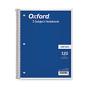 Oxford Coil-Lock Wirebound Notebooks, 3-Hole Punched, 3-Subject, Wide/Legal Rule, Randomly Assorted Covers, (120) 10.5 x 8 Sheets (TOP65012)
