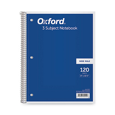Oxford Coil-Lock Wirebound Notebooks, 3-Hole Punched, 3-Subject, Wide/Legal Rule, Randomly Assorted Covers, (120) 10.5 x 8 Sheets (TOP65012)
