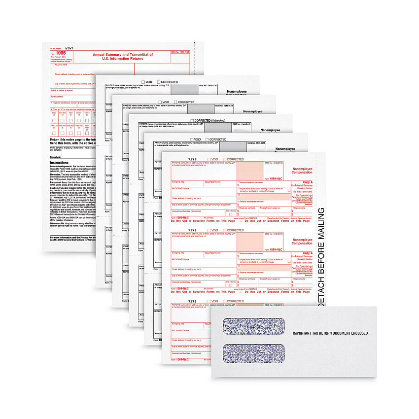 TOPS 1099-NEC Tax Forms, Fiscal Year: 2021, Five-Part Carbonless, 8.5 x 3.67, 3 Forms/Sheet, 100 Forms Total (LNEC5KITS)