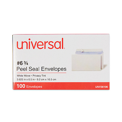 Universal Peel Seal Strip Security Tint Business Envelope, #6 3/4, Square Flap, Self-Adhesive Closure, 3.63 x 6.5, White, 100/Box (UNV36106)