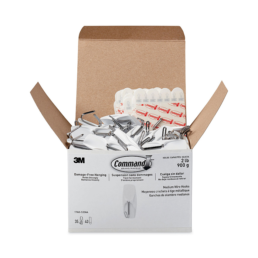 Command General Purpose Hooks, Medium, Metal, White, 2 lb Capacity, 35 Hooks and 40 Strips/Pack (MMM17065S35NA)