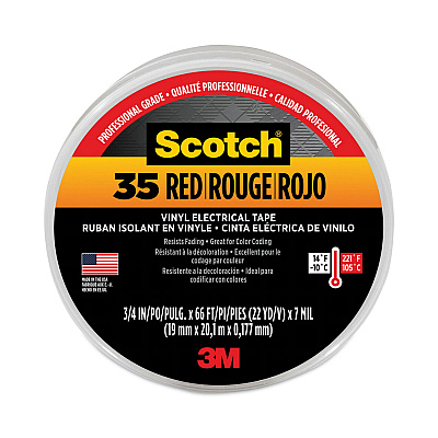 3M Scotch 35 Vinyl Electrical Color Coding Tape, 3" Core, 0.75" x 66 ft, Red (MMM10810)