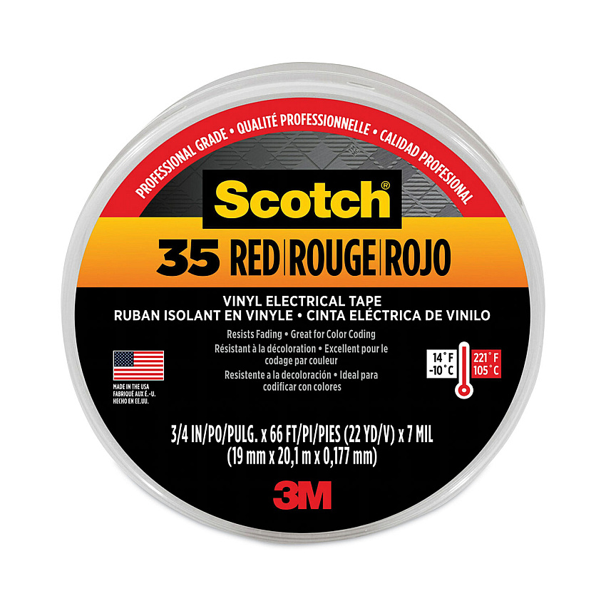 3M Scotch 35 Vinyl Electrical Color Coding Tape, 3" Core, 0.75" x 66 ft, Red (MMM10810)