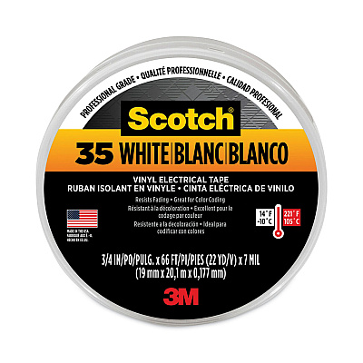 3M Scotch 35 Vinyl Electrical Color Coding Tape, 3" Core, 0.75" x 66 ft, White (MMM10828)