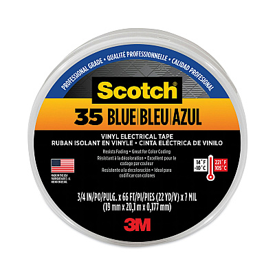 3M Scotch 35 Vinyl Electrical Color Coding Tape, 3" Core, 0.75" x 66 ft, Blue (MMM10836)