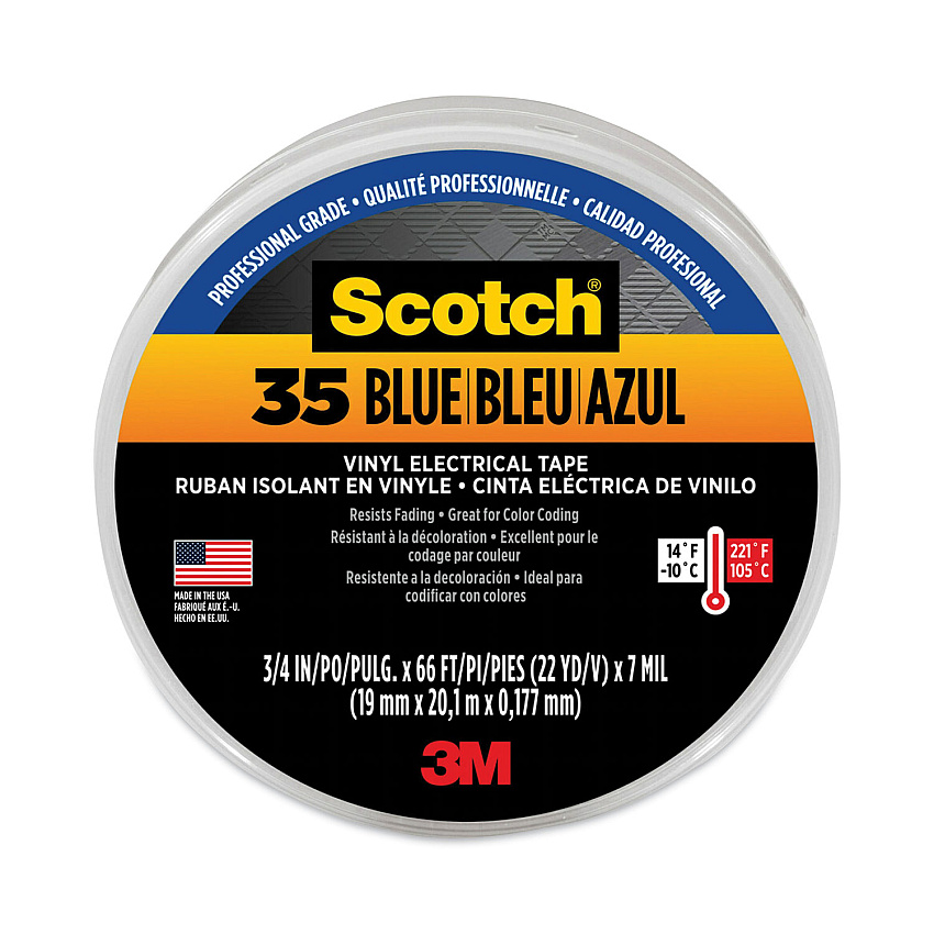 3M Scotch 35 Vinyl Electrical Color Coding Tape, 3" Core, 0.75" x 66 ft, Blue (MMM10836)