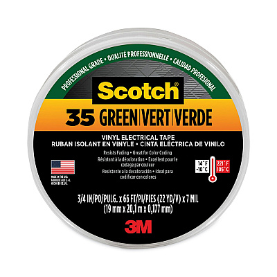 3M Scotch 35 Vinyl Electrical Color Coding Tape, 3" Core, 0.75" x 66 ft, Green (MMM10851)