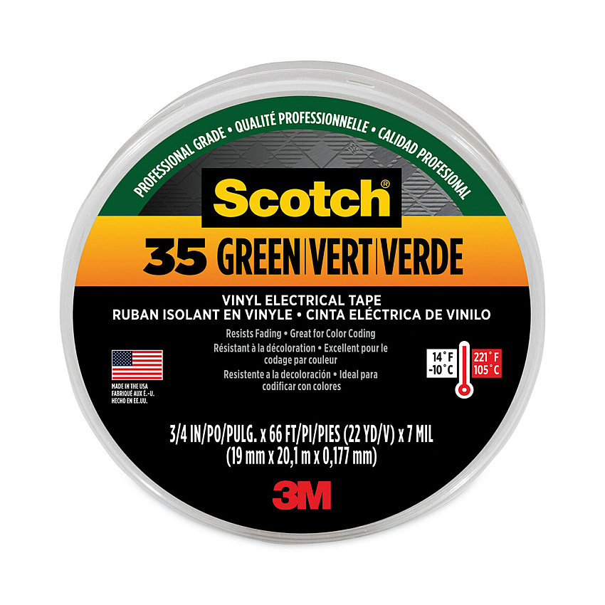3M Scotch 35 Vinyl Electrical Color Coding Tape, 3" Core, 0.75" x 66 ft, Green (MMM10851)