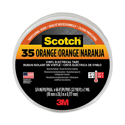 3M Scotch 35 Vinyl Electrical Color Coding Tape, 3" Core, 0.75" x 66 ft, Orange (MMM10869)