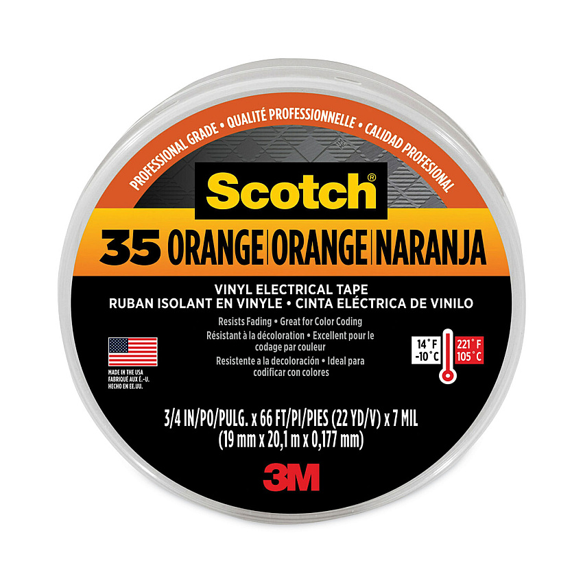 3M Scotch 35 Vinyl Electrical Color Coding Tape, 3" Core, 0.75" x 66 ft, Orange (MMM10869)