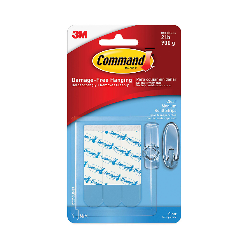 Command Refill Strips, Removable, Holds Up to 2 lbs, 0.63 x 1.75, Clear, 9/Pack (MMM17021CLRES)