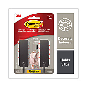 Command Decorative Hooks, Medium, Plastic, Matte Black, 3 lb Capacity, 2 Hooks and 4 Strips/Pack (MMM17034MB2ES)