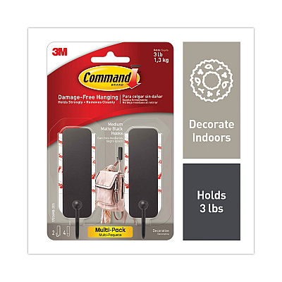 Command Decorative Hooks, Medium, Plastic, Matte Black, 3 lb Capacity, 2 Hooks and 4 Strips/Pack (MMM17034MB2ES)
