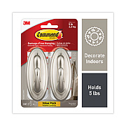 Command Decorative Hooks, Traditional, Large, Metal, Brushed Nickel, 5 lb Capacity, 2 Hooks and 4 Strips/Pack (MMM17053BNVPES)