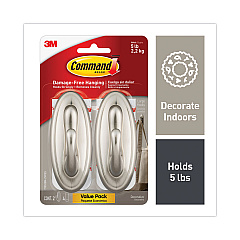 Command Decorative Hooks, Traditional, Large, Metal, Brushed Nickel, 5 lb Capacity, 2 Hooks and 4 Strips/Pack (MMM17053BNVPES)