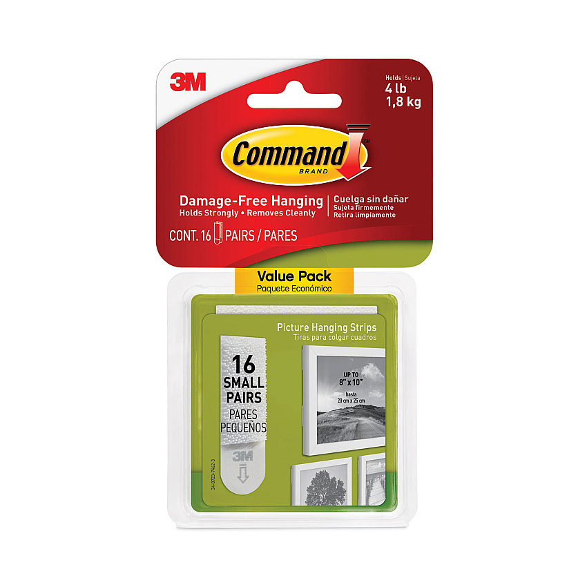 Command Picture Hanging Strips, Value Pack, Small, Removable, Holds Up to 4 lbs, 0.63 x 1.81, White, 16 Pairs/Pack (MMM1720516ES)