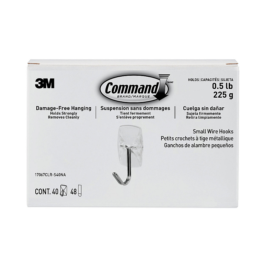 Command Clear Hooks and Strips, Small, Plastic/Metal, 0.5 lb Capacity, 40 Hooks and 48 Strips/Pack (MMM17067CLRS40N)