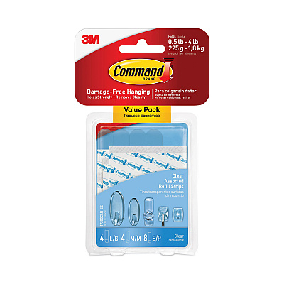 Command Assorted Refill Strips, Removable, (8) Small 0.75 x 1.75, (4) Medium 0.75 x 2.75, (4) Large 0.75 x 3.75, Clear, 16/Pack (MMM17200CLRES)