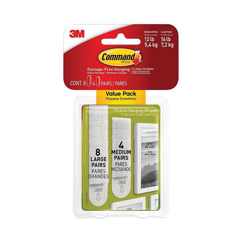 Command Picture Hanging Strips, Value Pack, Removable, (8) Large 0.63 x 3.63 Pairs, (4) Medium 0.5 x 2.75 Pairs, White (MMM17209ES)