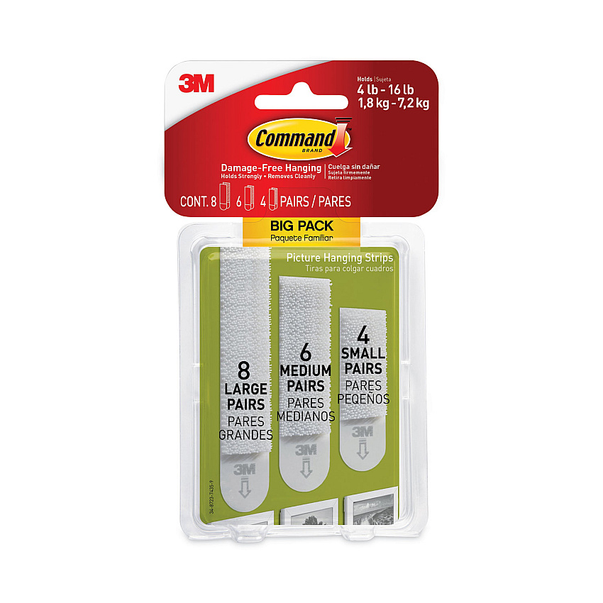 Command Picture Hanging Strips Big Pack, Removable, (4) Small, (6) Medium, (8) Large, White, 18 Pairs/Pack (MMM17211BPES)