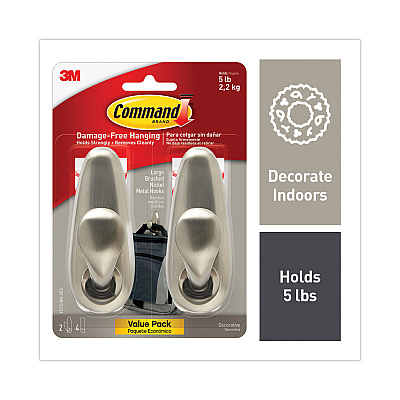 Command Adhesive Mount Metal Hook, Large, Brushed Nickel Finish, 5 lb Capacity, 2 Hooks and 4 Strips/Pack (MMMFC13BN2ES)