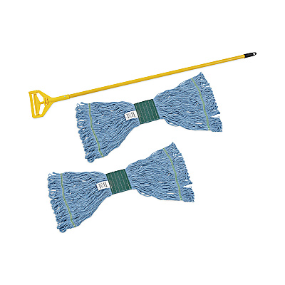 Boardwalk Looped End Mop Kit, Medium Blue Cotton/Rayon/Synthetic Head, 60" Yellow Metal/Polypropylene Handle (BWK400MBC)