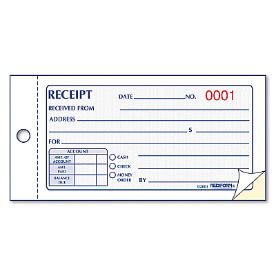 Rediform Small Money Receipt Book, Two-Part Carbonless, 2.75 x 5, 50 Forms Total (RED8L820)
